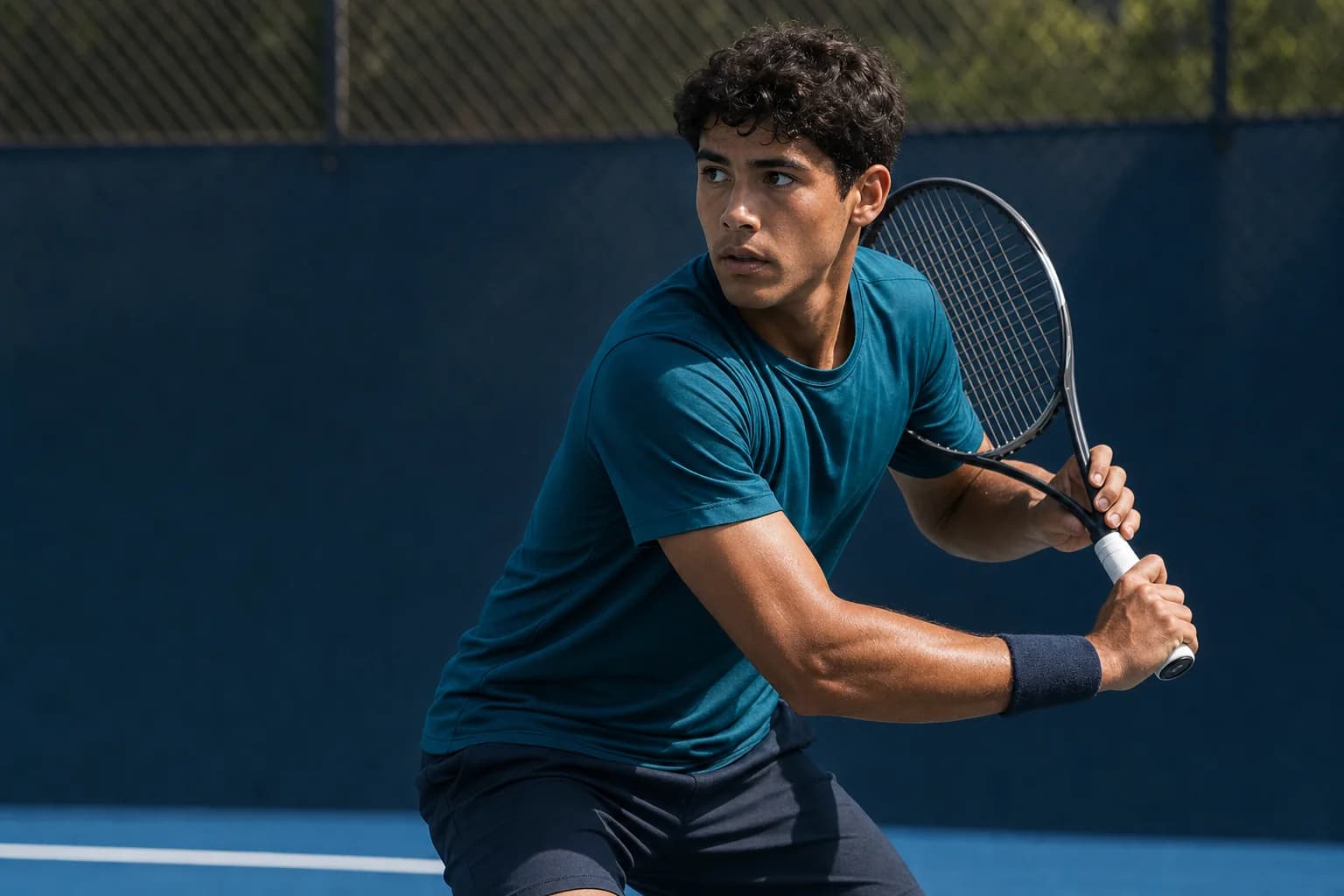A tennis player ready to receive the next ball.