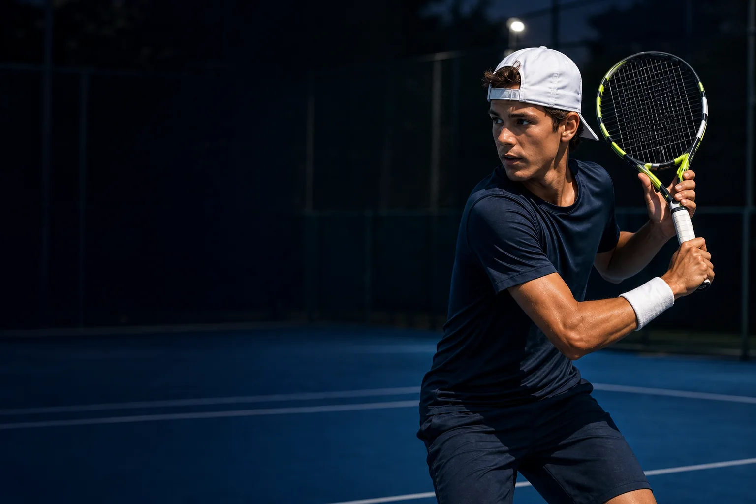 A tennis player preparing a two-handed backhand on a blue court.