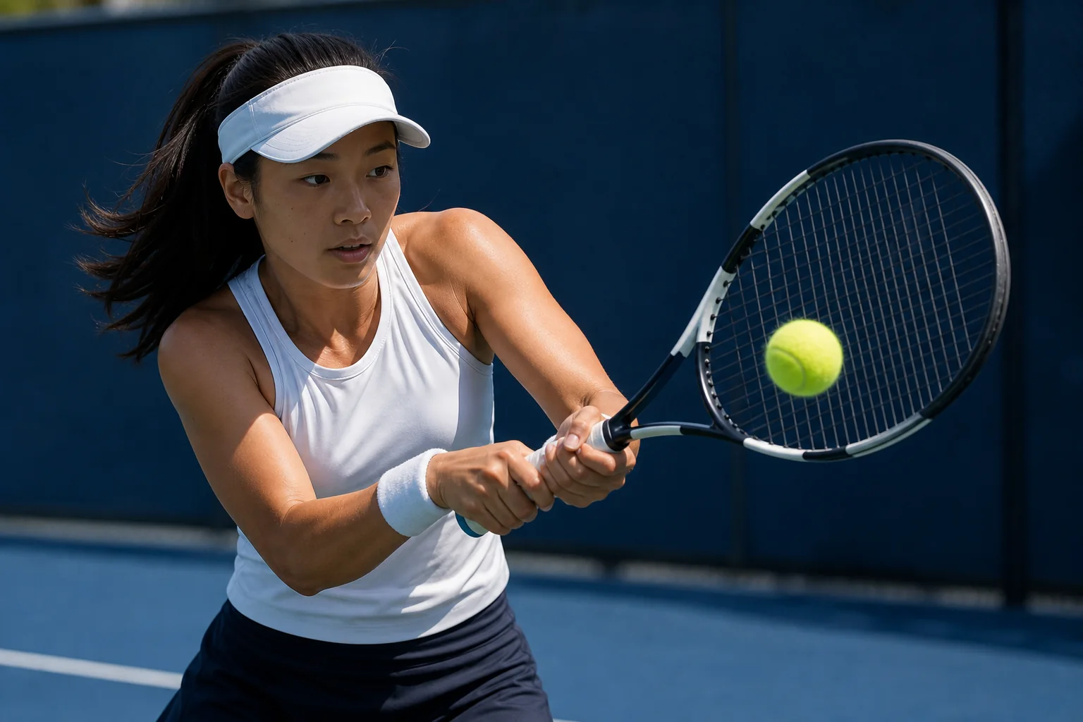 A tennis player practising a two-handed backhand.