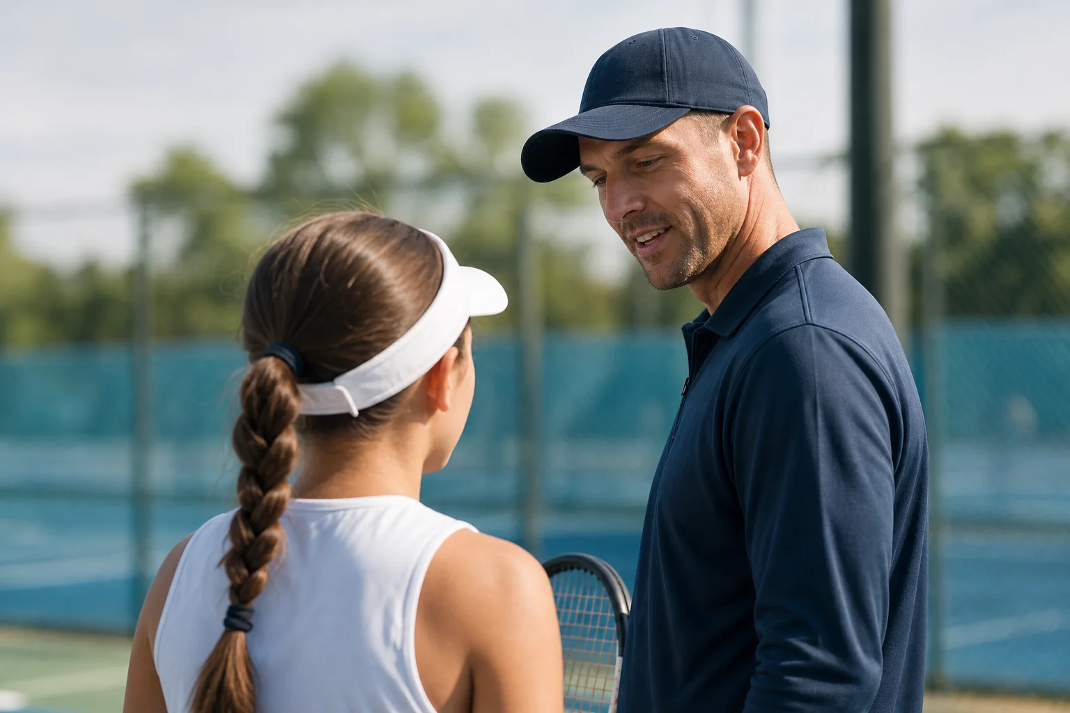 A coach listening to a junior tennis player beside a court.